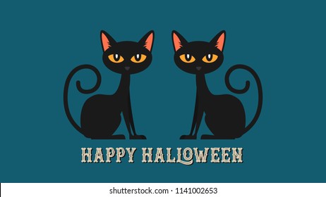 Happy halloween background with twin black cats character .Vector halloween greeting card.