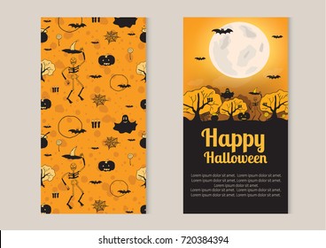 Happy halloween. Halloween Background. Two sides poster. Vector Illustration. Party Invitation Concept in Traditional Yellow and Black Colors with Place for your Text. - stock vector