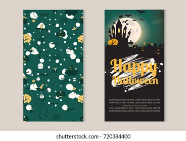  Happy halloween. Halloween Background. Two sides poster. Vector Illustration. Party Invitation Concept in Traditional Yellow and Black Colors with Place for your Text. - stock vector