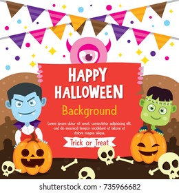 Happy Halloween background with Vampire and Frankenstein costume, Halloween greeting card with flag and pumpkin, Halloween vector illustration.