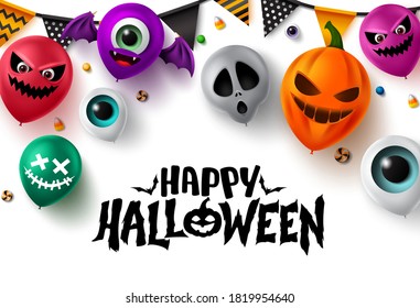 Happy halloween background vector banner design. Happy halloween text with colorful balloons element in scary face like pumpkin, eyeball, bat, and devil characters for halloween party design.