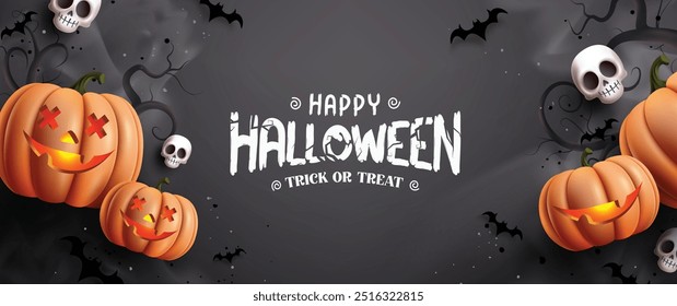 Feliz diseño de Anuncio de Vector de fondo de halloween.  Truco de Halloween o texto de saludo de trato en el fondo negro de la noche de miedo con el elemento espeluznante lindo como gato o linterna, cráneo y murciélagos. Vector 