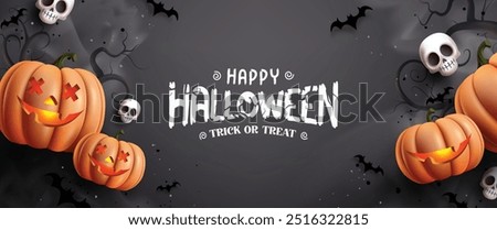 Happy halloween background vector banner design.  Halloween trick or treat greeting text in scary night black background with cute spooky element like jack o lantern, skull and bats. Vector 