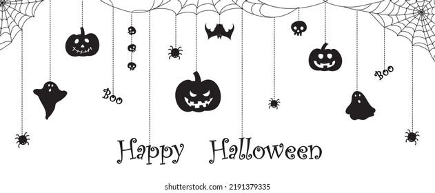 Happy Halloween background vector black and white illustration. Happy Halloween banner, promotion or party invitation background with pumpkins, ghosts, skulls, spider and cobwebs on white background