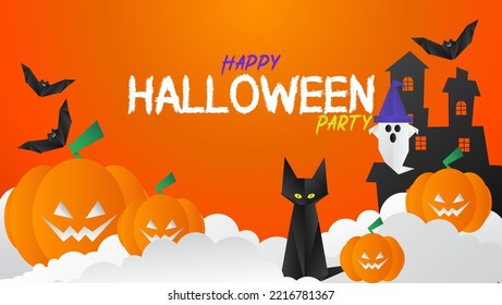 Happy Halloween. background. Vector design of pumpkin, bat, cat, ghost and witch hat. October 31st. Vector illustration. Suitable for banners, posters, social media, web, templates etc