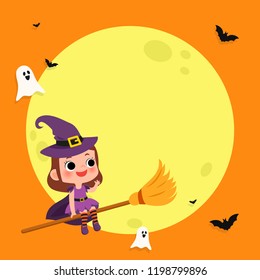 Happy Halloween Background Vector illustration. Cartoon Witches sitting on broom, Spooky ghost and moon on orange background.    