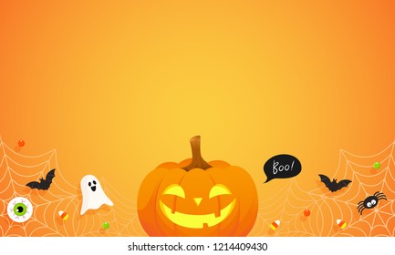 Happy Halloween Background vector illustration. Spooky pumpkin, ghost and Halloween candy on orange background.