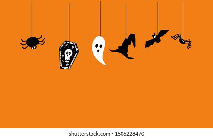 Happy Halloween Background vector illustration. Halloween hanging ornaments on orange background. 