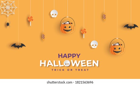 Happy Halloween Background vector illustration. Halloween hanging ornaments on orange background.