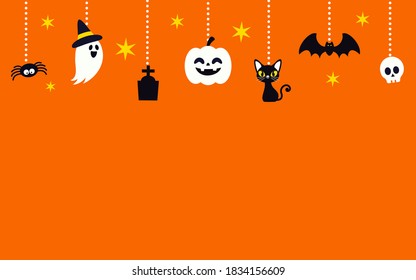 Happy Halloween Background vector illustration. Halloween hanging ornaments on orange background.flat design