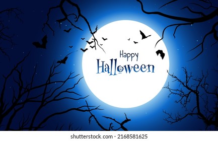 Happy Halloween background. Vector illustration with moon, tree and bats. 
