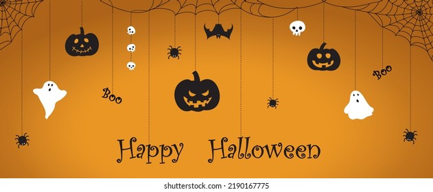 Happy Halloween background vector illustration. Happy Halloween banner, promotion or party invitation background with pumpkins, ghosts, skulls, spider and cobwebs on orange background