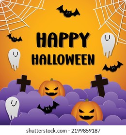 Happy Halloween Background vector illustration.
Cloud, pumpkin, bat, ghost, net and cross elements.