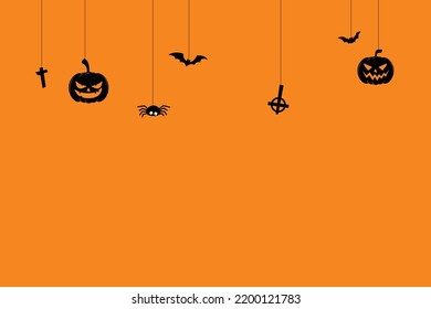 Happy Halloween Background vector illustration. Halloween hanging ornaments on orange background. pumpkin, bats, spider and cross.