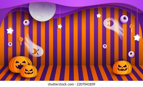 Happy Halloween Background vector illustration. Halloween hanging decoration with orange and purple stripes background.