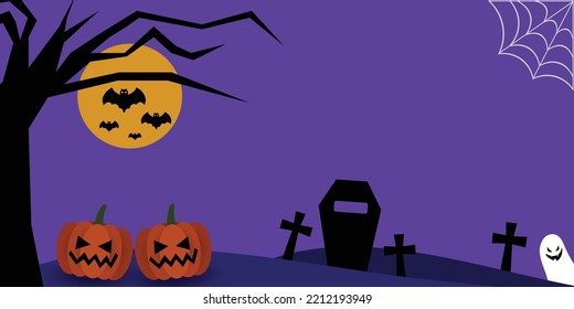  Happy Halloween Background vector illustration. with Pumpkins, graves, coffins, bats, spider webs