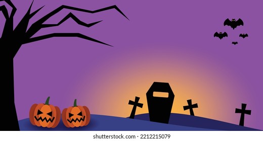 Happy Halloween Background vector illustration. with Pumpkins, graves, coffins, bats, sunset