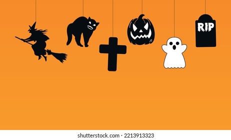 Happy Halloween Background Vector Illustration. Halloween Hanging Decorations On An Orange Background.