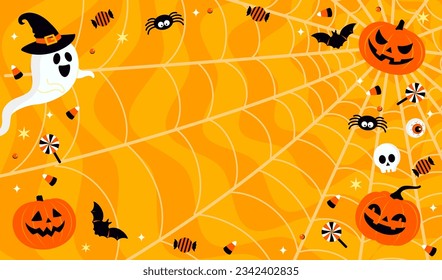 Happy Halloween Background vector illustration. Halloween elements on spider web orange background.	