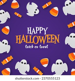 Happy Halloween Background. Vector Illustration. Promotion Social Media Banner Template Design. Ghost and Candies.