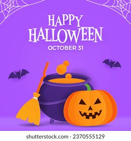 Happy Halloween Background. Vector Illustration. Promotion Social Media Banner Template Design. Pumpkin, Cauldron, Bats, Spiders Webs and Broom.