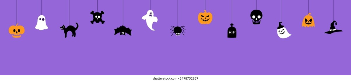 Feliz Ilustración vectorial de fondo de Halloween. Decoraciones colgantes de Halloween sobre un fondo naranja.