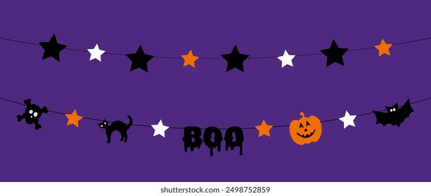 Happy Halloween background vector illustration. Halloween hanging decorations on an orange background.