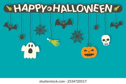 Happy Halloween Hintergrund Vektorgrafik. Halloween Hängedekorationen auf blauem Hintergrund.