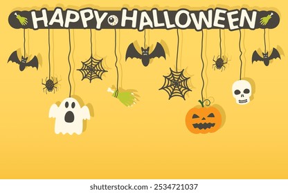 Happy Halloween Background vector illustration. Halloween hanging ornaments on orange background.