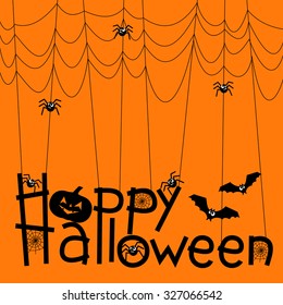 Happy Halloween background, vector illustration. Cute spiders, bat, pumpkin and webs over orange background with Happy Halloween text.
