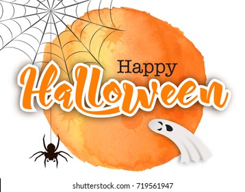 Happy Halloween background, vector illustration. Spider hanging on web, cartoon ghost flying in air, hand drawn orange watercolor stain, calligraphic text, paper cut technique. Halloween party card.