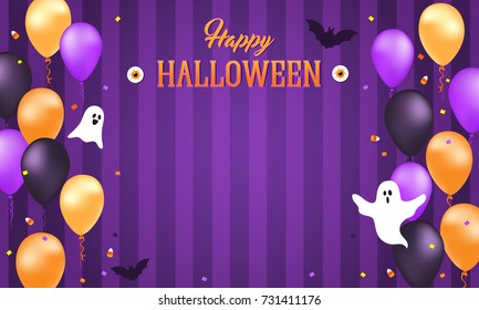 Happy Halloween Background Vector Illustration. Spooky ghost and balloons on purple stripe background. Halloween party concept. 
