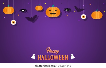 Happy Halloween Background vector illustration. Halloween hanging ornaments on purple background.
