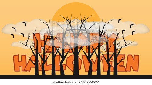 Happy Halloween Background Vector, pumpkin design on moon illustrations with yellow background.