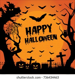 Happy halloween. Halloween background. Halloween vector background with pumpkins, flying bats, trees, spider, crow and full moon.