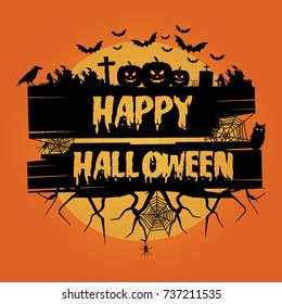 Happy halloween. Halloween background. Halloween vector background with pumpkins, flying bats, trees, spider, crow and full moon.