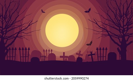 Happy halloween background vector template. October holiday event invitation card design layout. Scary, spooky cartoon background with moon and graveyard.Helloween horizontal poster