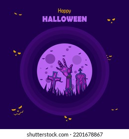 Happy halloween background wallpaper design in neon purple cyberpunk style.