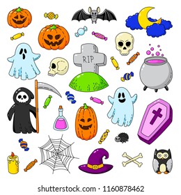 Happy Halloween. Background, wallpaper, template. Vector Cartoon Doodle Icons Set