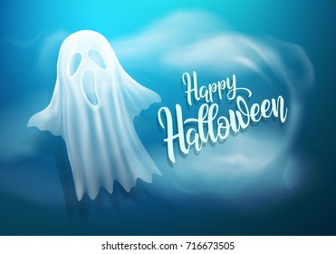 Happy Halloween background with white transparent ghosts on dark blue background.vector illustration eps 10