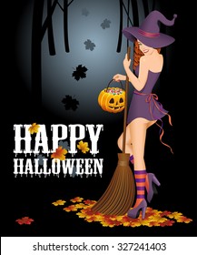 Happy Halloween background with witch with broom. Halloween concept. Vector illustration.