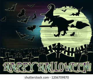 Happy Halloween background with witch and cemetery , vector illustration