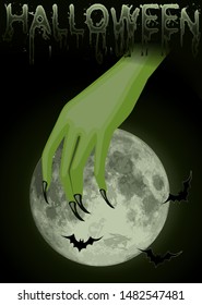Happy halloween background with witch hand and moon, vector illustration