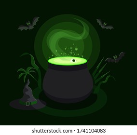 Happy Halloween background with a witch hat with a magic potion. Bat. Vector illustration.