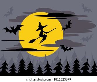 Happy Halloween background. A witch in a hat on broom in the sky. Full moon night. Flying silhouette over black forest.