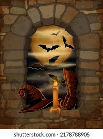 Happy Halloween background with witch hat and boots. vector illustration