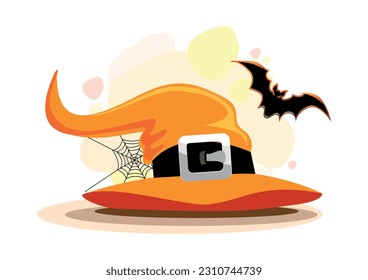 Happy halloween background with witch hat in cartoon style. The bat flies over the orange hat of the witch in the web. Vector illustration for Halloween party invitation, poster or banner.