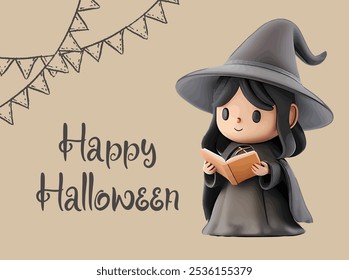 Feliz Halloween de fondo. Ilustración de bruja de Halloween. Bruja espeluznante del estilo 3d. Para el Día de Halloween, celebraciones de truco o trato, fiestas en Festiva y festividades del 31 de octubre.