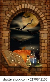 Happy Halloween background with witch magic book. vector illustration