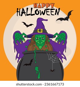 Happy halloween background. Witch with magic potion.